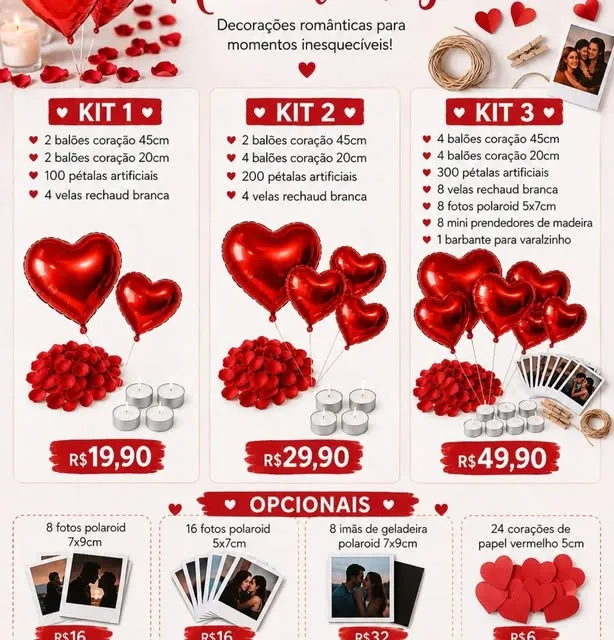 Kits de decoração romântica com balões de coração, pétalas, velas e fotos